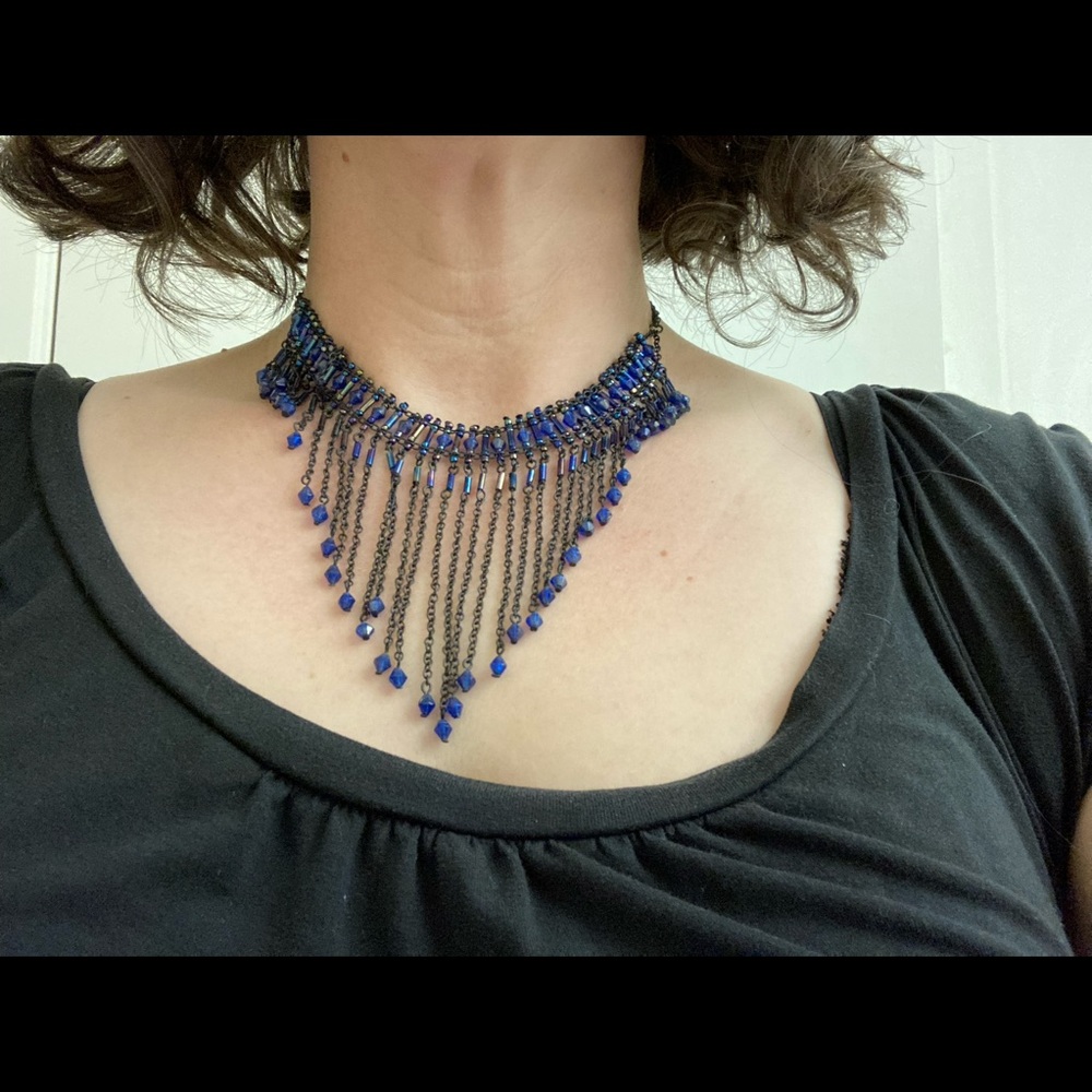 Blue and black, fringe necklace.